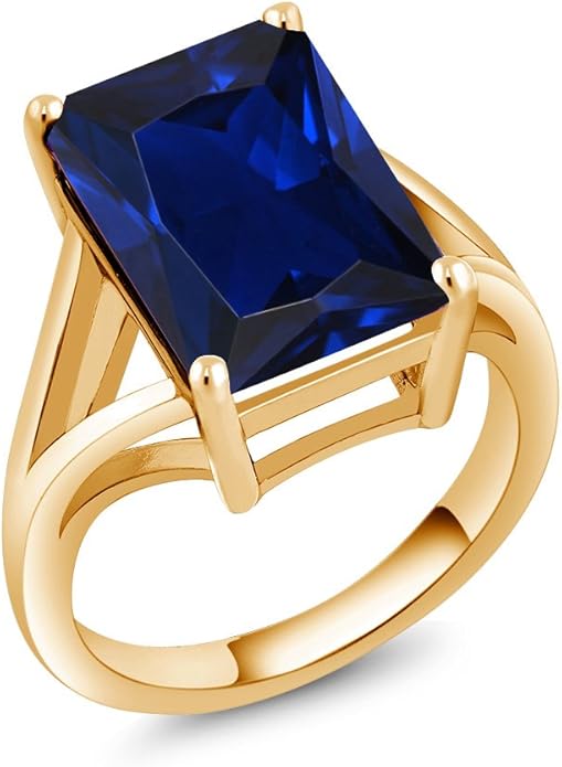 Gem Stone King 5-10 Cttw Gemstone Birthstone Solitaire Engagement Ring For Women | 18K Yellow Gold Plated Silver | 14X10MM Emerald Cut | Wedding Anniversary Ring | Available In Size 5, 6, 7, 8, 9