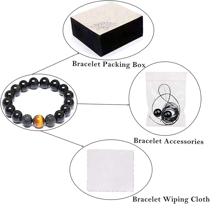Black Obsidian Bracelet,Feng Shui Black Obsidian Wealth Bracelet for Women Men Couples Handmade Stretch Obsidian Bracelet Bangle with Carved Pixiu Tiger Eye Stone Attract Wealth Money and Good Luck