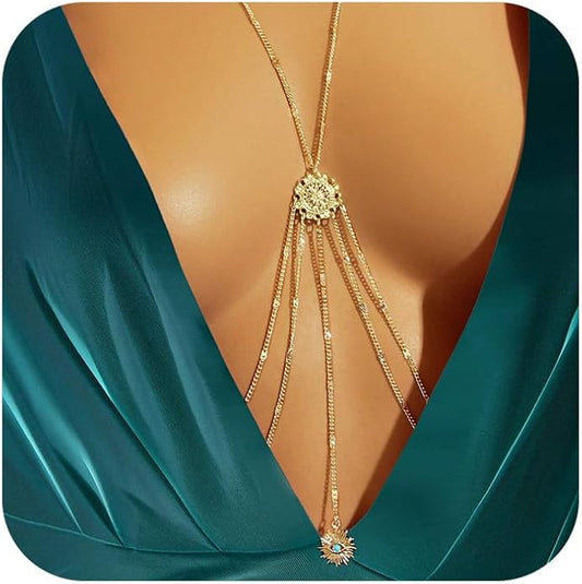 14K Gold Body Chains for Women, Sexy Layered Belly Waist Chain Bikini Bra Chain, Summer Beach Rhinestone Body Jewelry