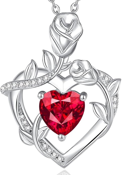 AGVANA Rose Birthstone Necklace for Women Sterling Silver Rose Flower Heart Necklace Fine Jewelry Anniversary Birthday Gifts for Women Wife Mom Her, Length: 18"+2"