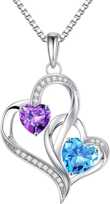 Iefil Birthstone Necklace for Women - 925 Sterling Silver Double Birthstone Heart Necklace | Anniversary Birthday Gifts for Women | Personalized Gifts | Jewelry Gifts for Wife Mom Girlfriend