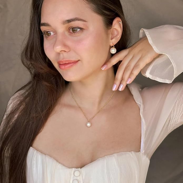 925 Sterling Silver Hoop Handpicked AAA+ Quality 7.5-8mm White Freshwater Cultured Pearl Dangle Drop Earrings Jewelry for Women