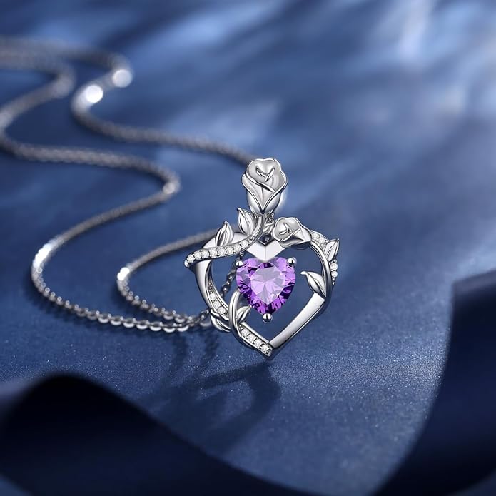 AGVANA Rose Birthstone Necklace for Women Sterling Silver Rose Flower Heart Necklace Fine Jewelry Anniversary Birthday Gifts for Women Wife Mom Her, Length: 18"+2"