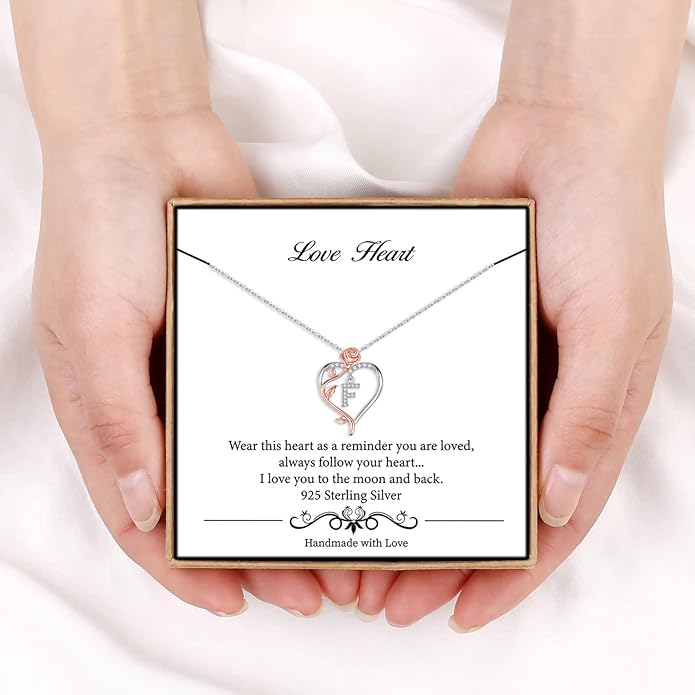 Iefil Rose Heart Necklaces Gifts for Women - 925 Sterling Silver Rose Heart Initial Necklace, Anniversary Birthday Gifts for Women, Jewelry Gift for Her Wife Girlfriend Mom Daughter