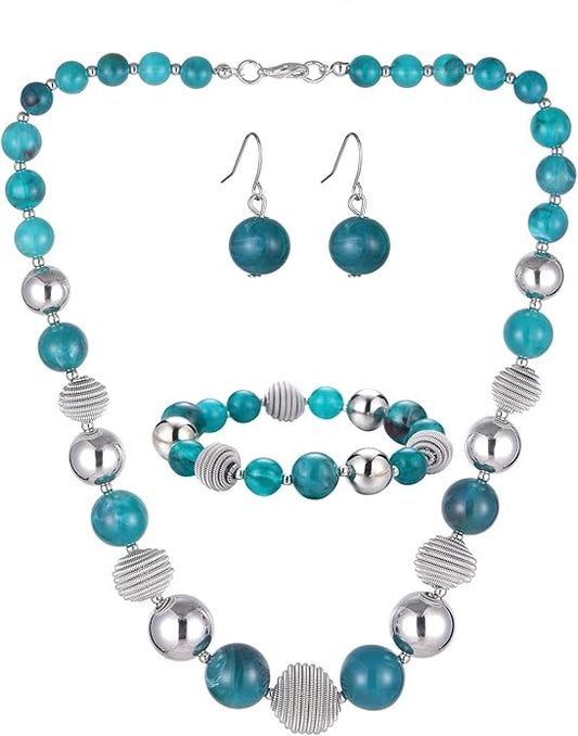 PEARL&CLUB Beaded Chunky Statement Necklace Earring and Bracelet Set Silver Metal Bead Fashion Jewelry Set Mothers’ Day Gifts for Women