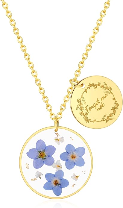 Forget-Me-Not and Queen Anne's Lace Pressed Wildflower Necklace | Birth Month Real Flower Necklace | Gold/Silver Pressed Flower Jewelry | Personalized Handmade Jewelry