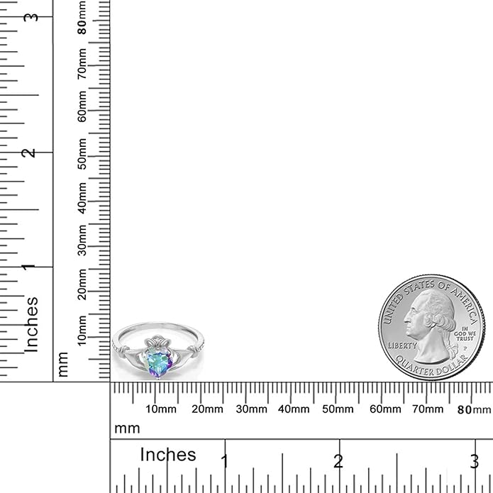 Gem Stone King 10K White Gold 6MM Heart Shape Gemstone Birthstone and White Diamond Irish Celtic Claddagh Engagement Ring | Gold Ring For Women | Available In Size 5, 6, 7, 8, 9