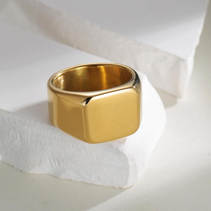 Mens Signet Rings Stainless Steel Pinky Ring for Men Women Silver/Black/Gold Square Cool Finger Ring, Gift for Dad Husband