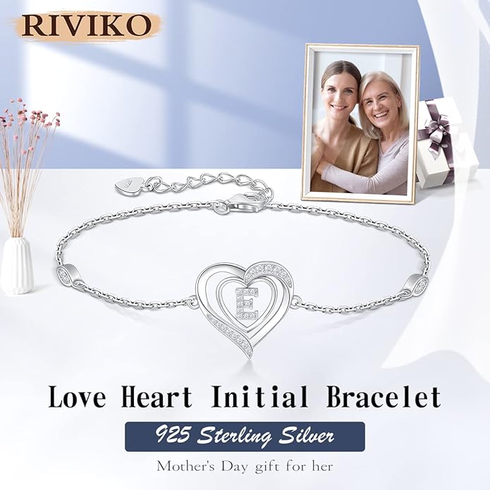 RIVIKO Heart Initial Bracelets for Women,925 Sterling Silver Letter Bracelets, Personalized Charm Alphabet Jewelry Valentines Christmas Mother’s Day Birthday Gifts for Women Friend Her Mom Wife Lady