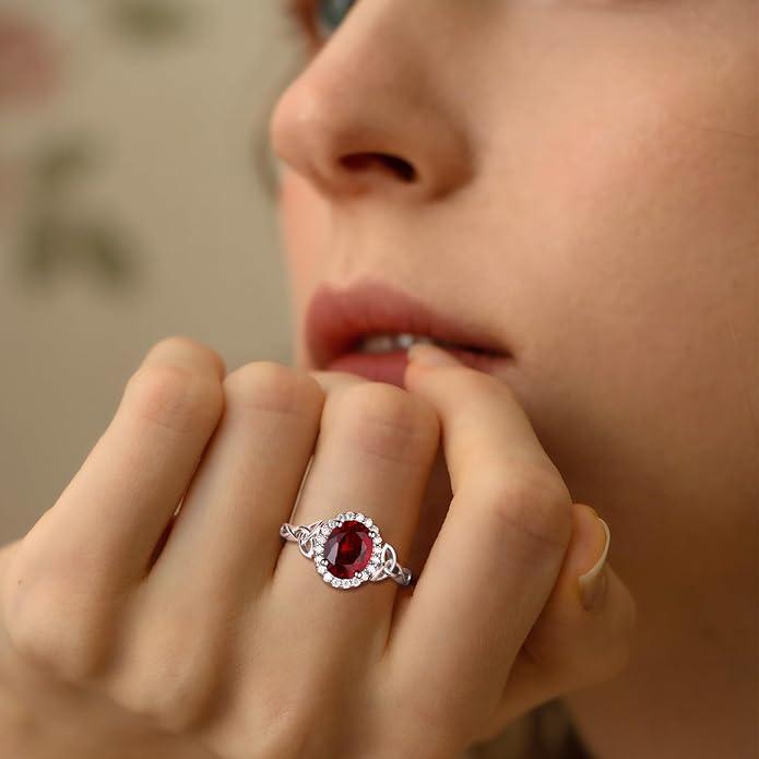 DAYBYDAY Celtic Birthstone Rings for Women 925 Sterling Silver Heart/Round/Pear/Oval Created Gemstone Moissanite Halo Engagement Promise Rings for Her Wife Birthday Anniversary Wedding Jewelry