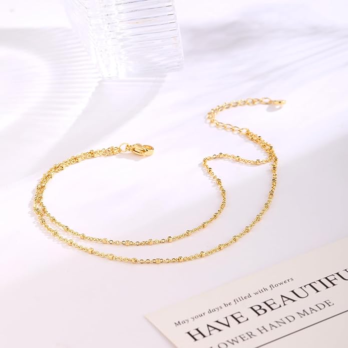 Ankle Bracelets for Women 14K Real Gold Silver Plated Ankle Bracelets Waterproof Heart Beads Rope Satellite Anklets Set Adjustable Layered Anklet Bracelets No Tarnish Summer Beach Jewelry Gift