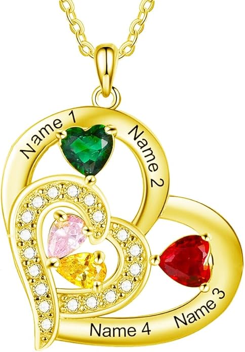 10K 14K 18K Gold Natural Diamond Personalized Mother Name Necklace with 1-6 Birthstones Sterling Silver Custom Heart Name Necklace for Women Mom Grandmother Wife Friend Gifts for Mother's Day
