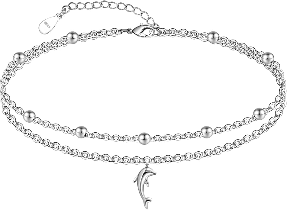 CHIC & ARTSY Womens Sterling Silver Created Opal Layered Anklet Bracelet Dainty Beaded Chain Adjustable 11" Best Friend Anklet