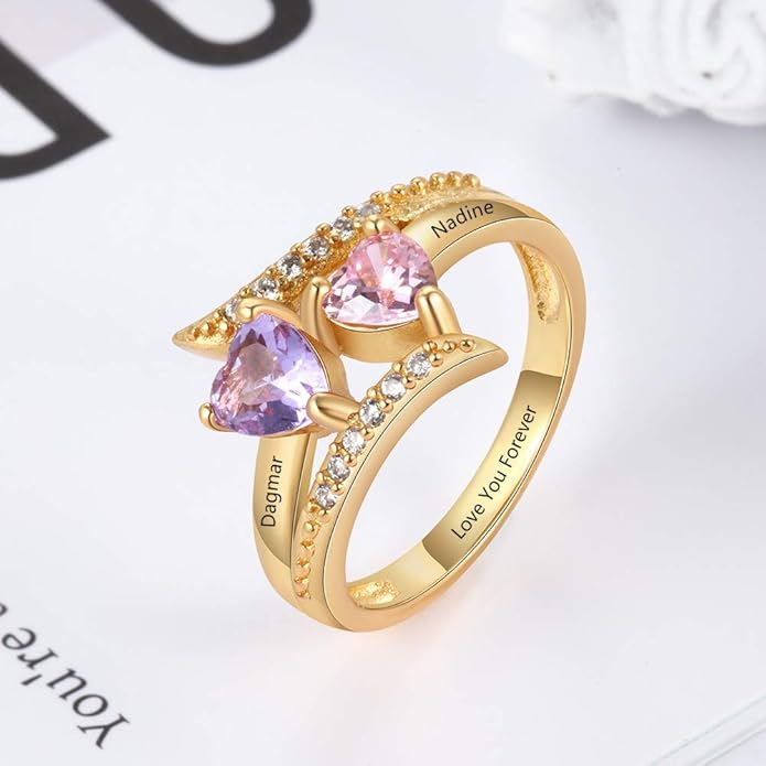 JewelOra Personalized Birthstone Rings for Women Promise Rings for Her Women Mother Rings with Engraved 2 Names Customized Gifts for Mom