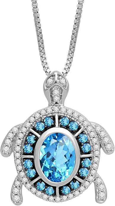 Jewelili Sterling Silver Turtle Birthstone Pendant Necklace | 7X5 MM Oval & 1.25 MM Round Cut Birthstone with Round Created White Sapphire Gemstones | 18" Box Chain | Luxury Jewelry Gift for Her | Gift Box Included