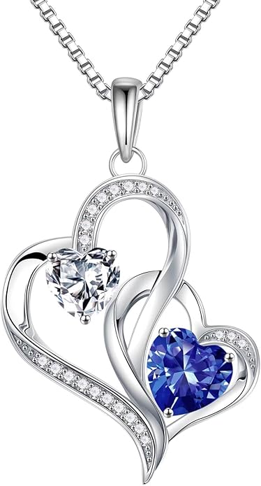 Iefil Birthstone Necklace for Women - 925 Sterling Silver Double Birthstone Heart Necklace | Anniversary Birthday Gifts for Women | Personalized Gifts | Jewelry Gifts for Wife Mom Girlfriend