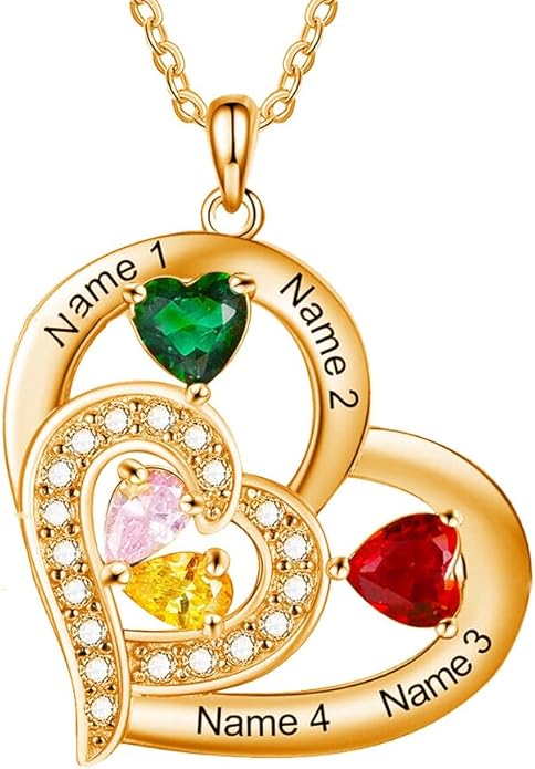 10K 14K 18K Gold Natural Diamond Personalized Mother Name Necklace with 1-6 Birthstones Sterling Silver Custom Heart Name Necklace for Women Mom Grandmother Wife Friend Gifts for Mother's Day