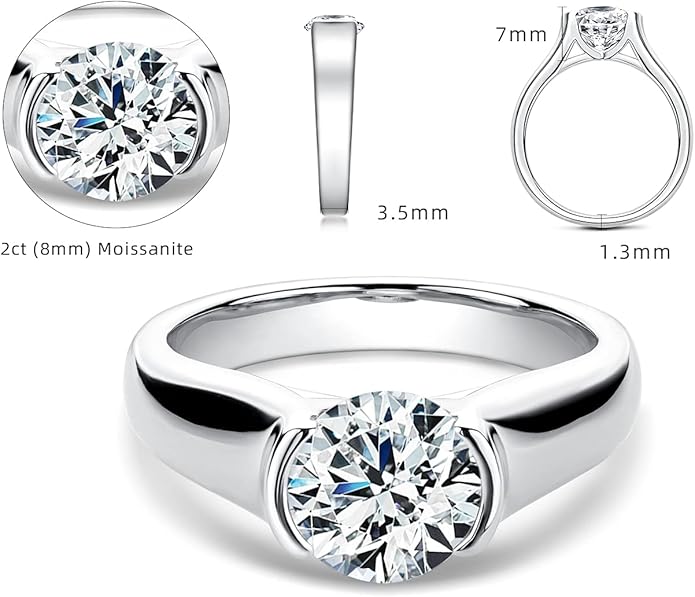 AINUOSHI 2.0 Carat Moissanite Ring, Wedding Ring, Made with Sterling Silver, Round Cut, Gift for Wedding, Engagement and Anniversary