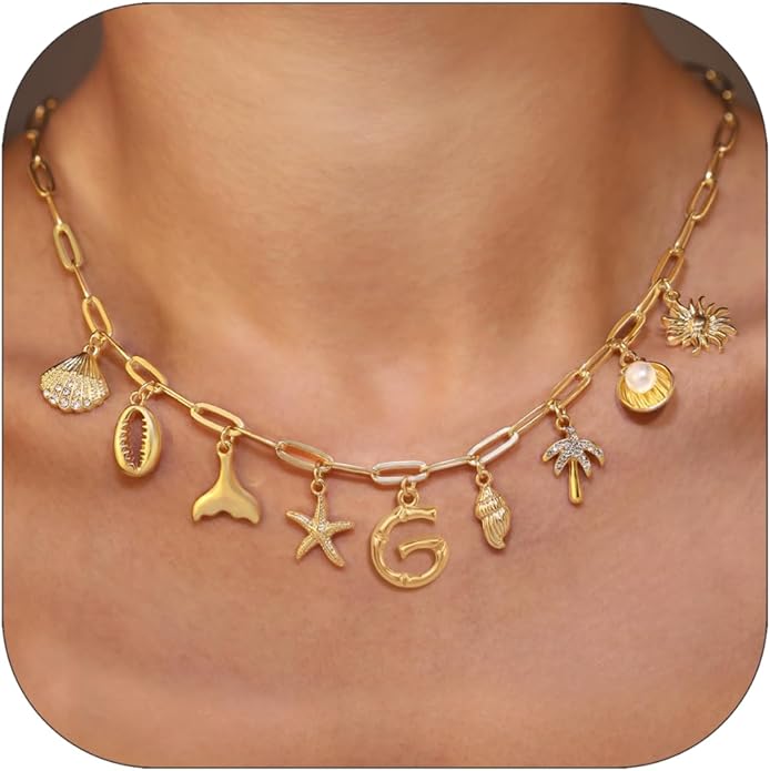 Initial Charm Necklace For Women Shell Letter Necklaces Gold Charms Pendant Boho Summer Seashell Beach 14k Starfish Surfer Jewelry Gifts