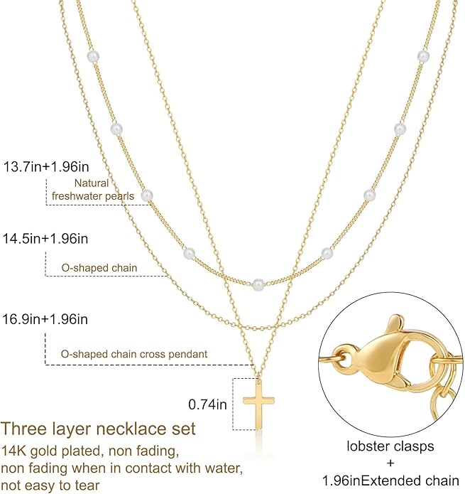 ASCOMY Layered Necklaces for Women Dainty Gold Necklace 14K Gold Plated Herringbone Necklace for Women Pearl Cross Necklace Paperclip Cuban Figaro Rope Satellite Chain Gold Choker Trendy Jewelry Gift