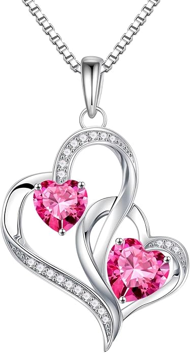 Iefil Birthstone Necklace for Women - 925 Sterling Silver Double Birthstone Heart Necklace | Anniversary Birthday Gifts for Women | Personalized Gifts | Jewelry Gifts for Wife Mom Girlfriend