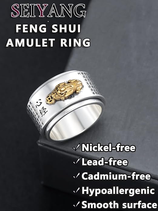 Seiyang Feng Shui Ring 925 Stering Silver Pixiu Mantra Ring Protection Wealth Adjustable Rings Gift for Men Women (with Gift Box)