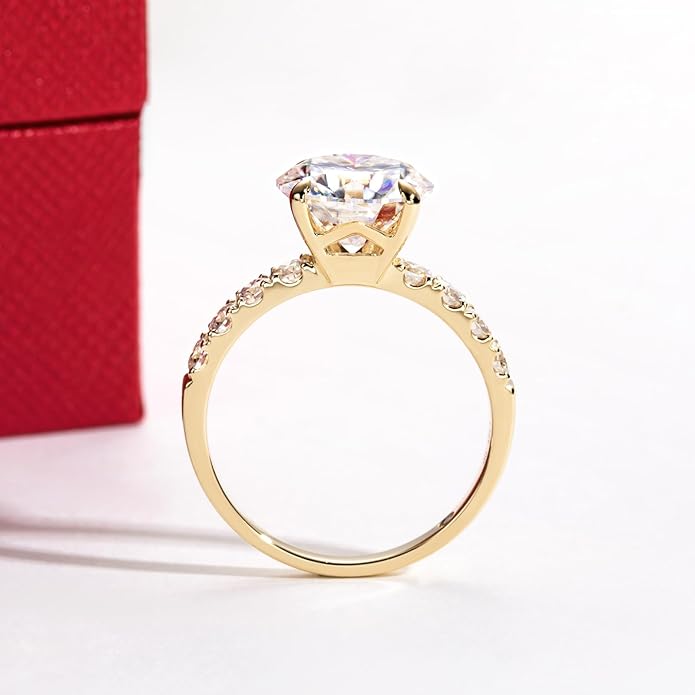 14K Solid Gold Side Stones Ring, Round/Princess Cut Centerpiece Moissanite Lab Grown Created Diamond, D Color and Flawless Real Gold Wedding Anniversary Ring