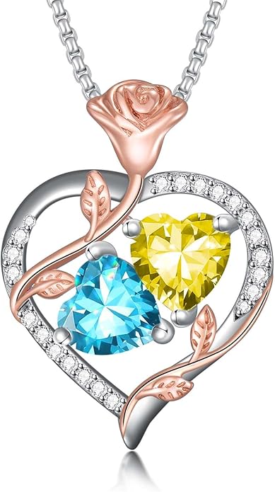 Jewelry for Her Double Heart Rose Birthstone Pendant Necklace Anniversary Jewelry Christmas Birthday Gifts for Women Wife Girlfriend
