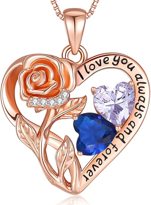 925 Sterling Silver Double Birthstone Rose Flower Heart Jewelry Necklaces for Women Anniversary Love Forever Necklaces for Her Birthday Gifts for Wife Girlfriend Mom Mothers Day Rose Gold