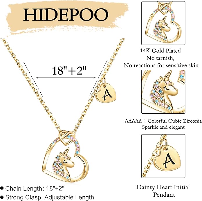 Hidepoo Unicorn Necklace Gifts for Girls Daughter - Colorful CZ Heart Pendant Initial Unicorn Necklaces for Girl Teens Little Girls Jewelry Birthday Gift