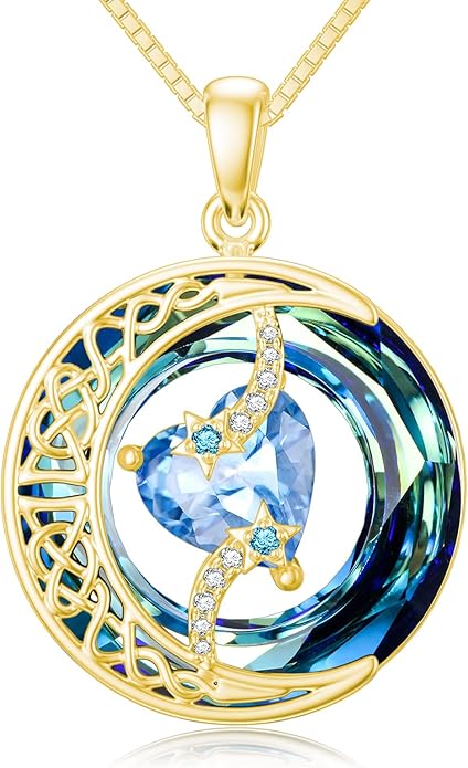 TOUPOP Birthstone Necklace 925 Sterling Silver Moon and Star Pendant with Blue Crystal Celtic Moon Jewelry Birthday Christmas Gifts for Women Mom Wife Her Daughter