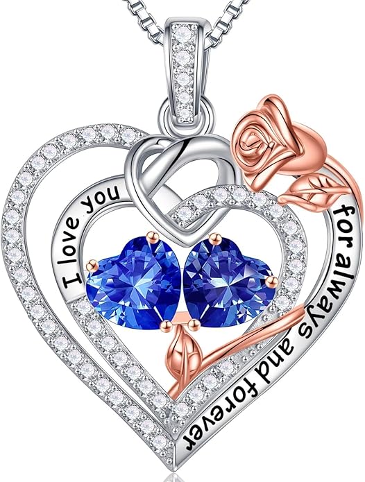 Iefil Rose Heart Necklace Gifts for Wife Women - 925 Sterling Silver Double Birthstone Necklace, Anniversary Birthday Gifts for Women, Jewelry Gift for Wife Girlfriend Mom Her