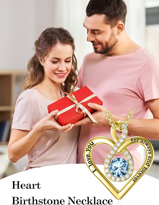 I Love You For Always and Forever Birthstone Necklace Infinity Love Heart Pendant Jewelry Christmas Valentine Mothers Day Birthday Gifts for Women Her Wife Girlfriend