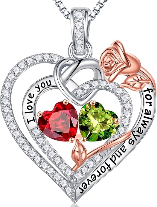 Iefil Rose Heart Necklace Gifts for Wife Women - 925 Sterling Silver Double Birthstone Necklace, Anniversary Birthday Gifts for Women, Jewelry Gift for Wife Girlfriend Mom Her