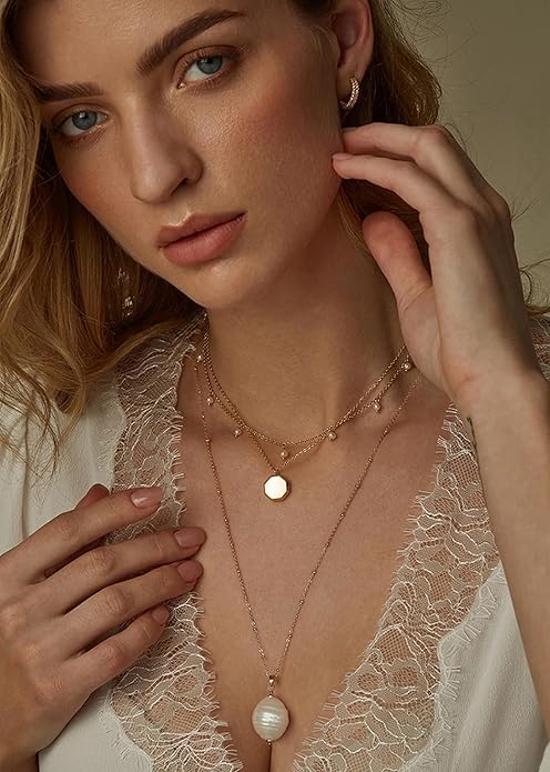 18k Gold Chain Link Necklace for Women, Baroque Pearl/Compass Pendant Necklace