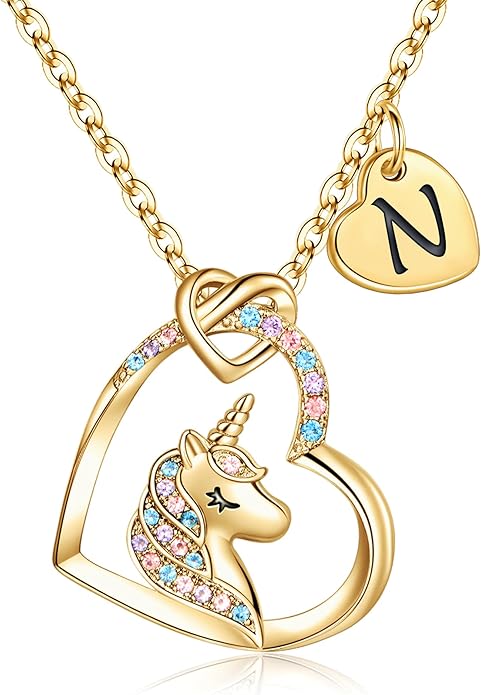 Hidepoo Unicorn Necklace Gifts for Girls Daughter - Colorful CZ Heart Pendant Initial Unicorn Necklaces for Girl Teens Little Girls Jewelry Birthday Gift