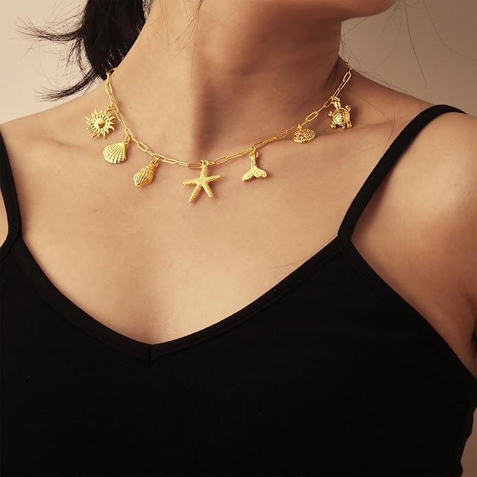 Charm Necklace for Women, 14K Gold Plated Shell Sun Starfish Summer Beach Necklace 16+3" Paperclip Chain Jewelry Gifts