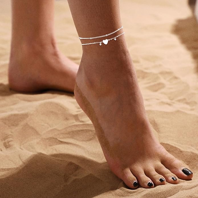 Ankle Bracelets for Women 14K Real Gold Silver Plated Ankle Bracelets Waterproof Heart Beads Rope Satellite Anklets Set Adjustable Layered Anklet Bracelets No Tarnish Summer Beach Jewelry Gift