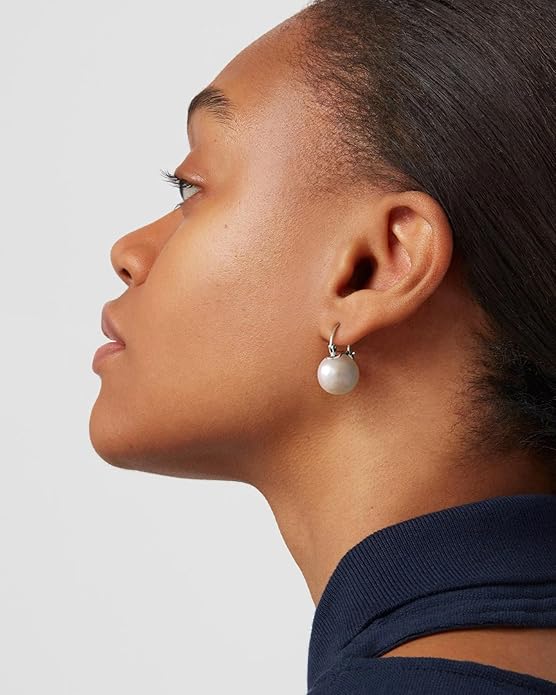 925 Sterling Silver Hoop Handpicked AAA+ Quality 7.5-8mm White Freshwater Cultured Pearl Dangle Drop Earrings Jewelry for Women