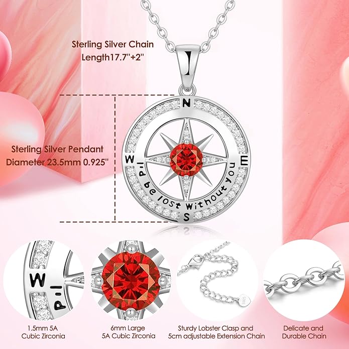 Compass Necklace Gifts for Women wife - S925 Sterling Silver Birthstone Necklaces for Women - Anniversary Birthday Gifts for Her Wife Girlfriend - Valentines Mom Mothers Day Christmas Gifts Jewelry for Women