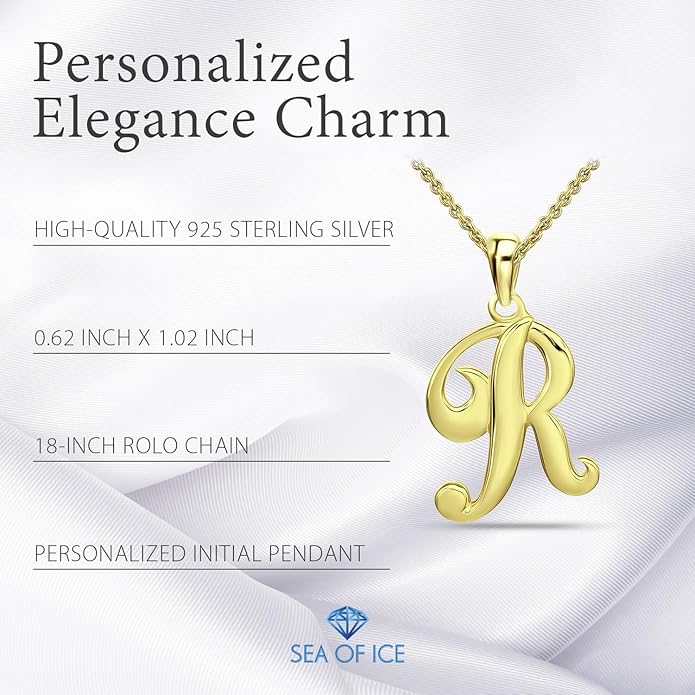 SEA OF ICE Letter Initial Necklace, Alphabet Letter Pendant Necklace, Sterling Silver, Gold, Rose Gold Necklace for Women, Elegant Initial Necklaces, Personalized Custom Women's Necklaces