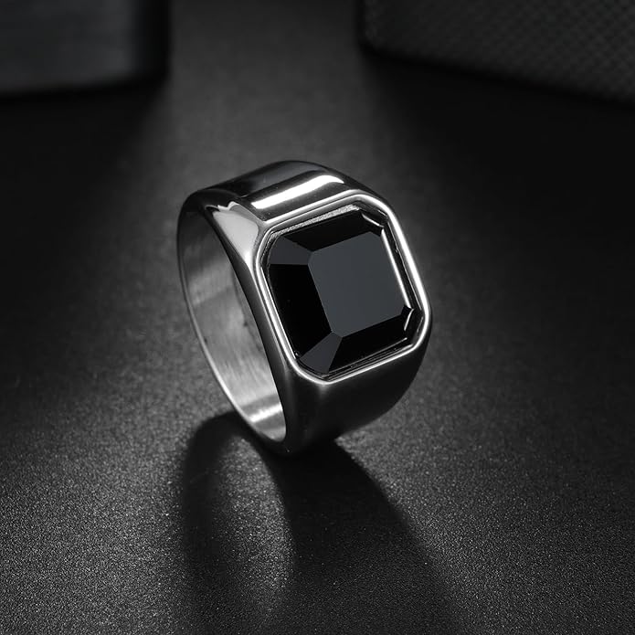 Mens Signet Rings Stainless Steel Pinky Ring for Men Women Silver/Black/Gold Square Cool Finger Ring, Gift for Dad Husband