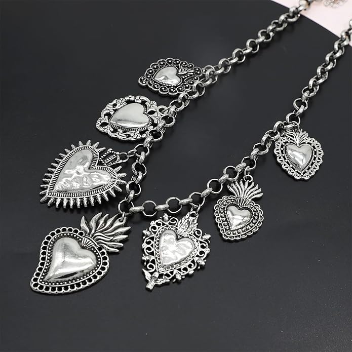 Chunky Retro Heart Necklace for Women Antique Layer Beach Ocean Moon Stars Western Boho Charm Necklaces Retro Link Chain Jewelry
