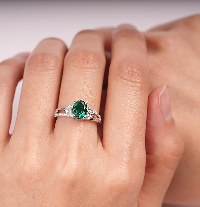 925 Sterling Silver Oval Shaped 8X6 MM Gemstone Ring Leaf Engagement Ring for Women Jewelry