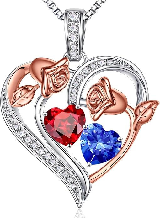 Iefil Birthstone Necklace for Women - 925 Sterling Silver Rose Heart Necklace, Birthstone Jewelry, Anniversary Birthday Gifts for Wife Girlfriend Mom Daughter