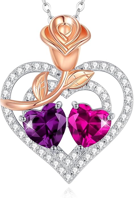AGVANA Birthstone Necklace for Women Sterling Silver Rose Flower Heart Double Birthstone Jewelry Pendant Necklace Anniversary Birthday Gifts for Women Mom Wife Girlfriend Her
