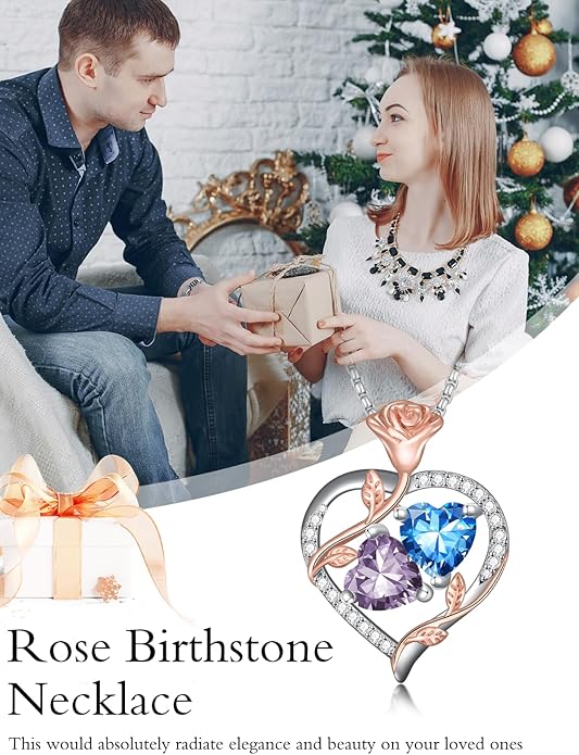 Jewelry for Her Double Heart Rose Birthstone Pendant Necklace Anniversary Jewelry Christmas Birthday Gifts for Women Wife Girlfriend