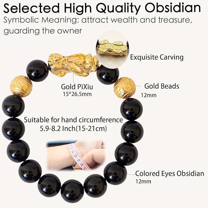 24K Gold Plated PiXiu Dragon Bracelet Feng Shui Bracelet, Obsidian Bracelet Dragon Protection for Men Women, Meditation Prayer Beads Bracelets Meaning to Attract Wealth and Good Luck(12mm)