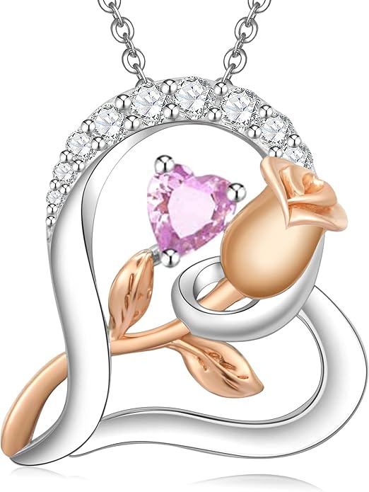 Rose Flower Heart Birthstone Necklaces for Women, 925 Sterling Silver Anniversary Jewelry, Pendant Heart Necklaces Birthday Anniversary Christmas Gift for Women Wife Mom Girlfriend Lady