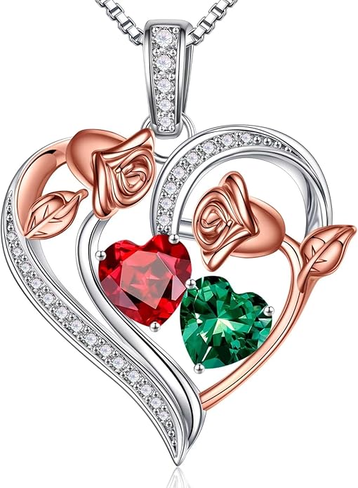 Iefil Birthstone Necklace for Women - 925 Sterling Silver Rose Heart Necklace, Birthstone Jewelry, Anniversary Birthday Gifts for Wife Girlfriend Mom Daughter